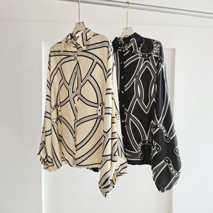 时髦中长上衣 女夏蝙蝠袖 波嬉风松弛感宽松高级感几何印花长袖 衬衫