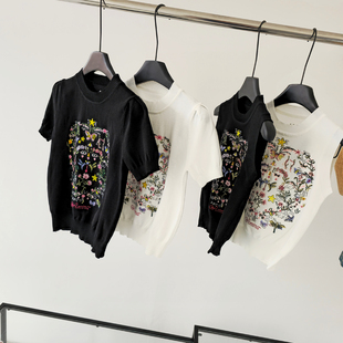 都市新田园风25轻奢小香风莫奈花园花卉刺绣圆领短袖 针织衫 女夏季