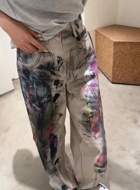 ACN风格美式油漆涂鸦3D印花牛仔裤子男女朋克辣妹做旧脏染拖地裤