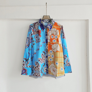 气质衬衣高级感上衣 女长袖 法式 老钱风撞色巴洛克风凤尾花印花衬衫