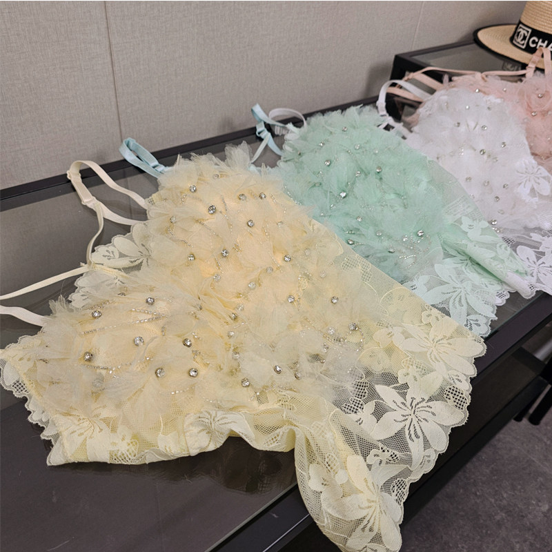 法式甜辣纯欲风镶钻蕾丝花朵吊带女夏款洋气美背文胸背心短款上衣