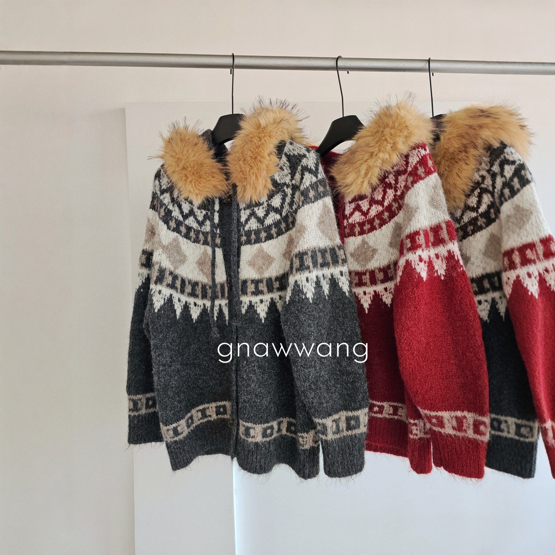 美式慵懒费尔岛风毛领连帽毛衣女