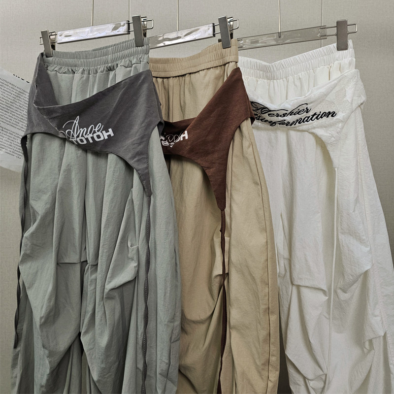 辣妹美式带屁帘工装裤撞色绑带廓形街舞弯刀裤伞兵阔腿裤褶皱长裤