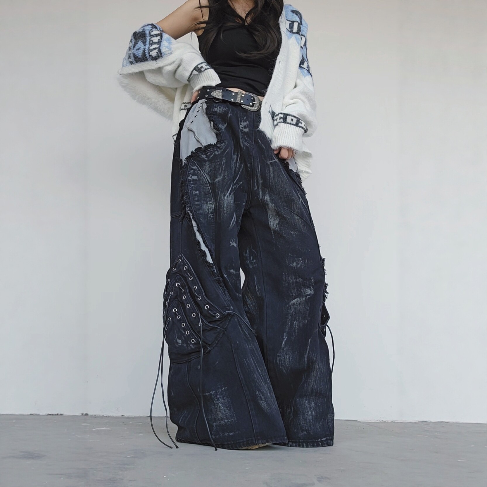 美式高街重磅擦色做旧大码弯刀裤女牛仔裤宽松阔腿长裤酷感街头风