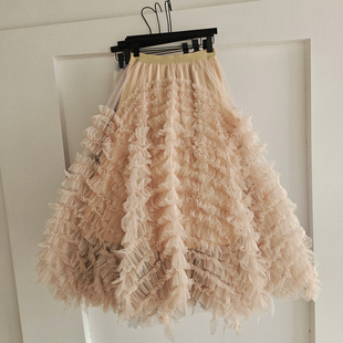 梦幻网纱大裙摆蛋糕裙多层荷叶边不规则大摆半身裙遮胯仙女裙长裙