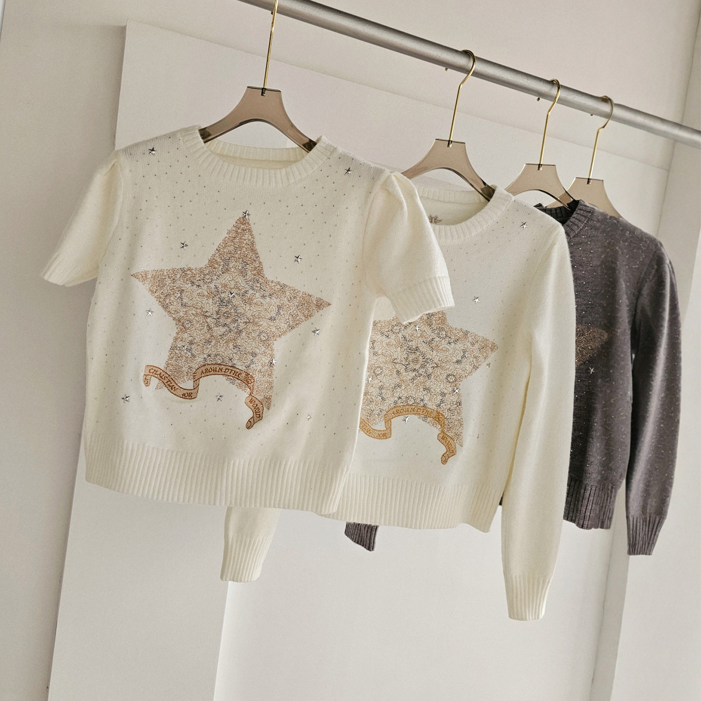 法式千金刺绣五角星烫钻星星毛衣