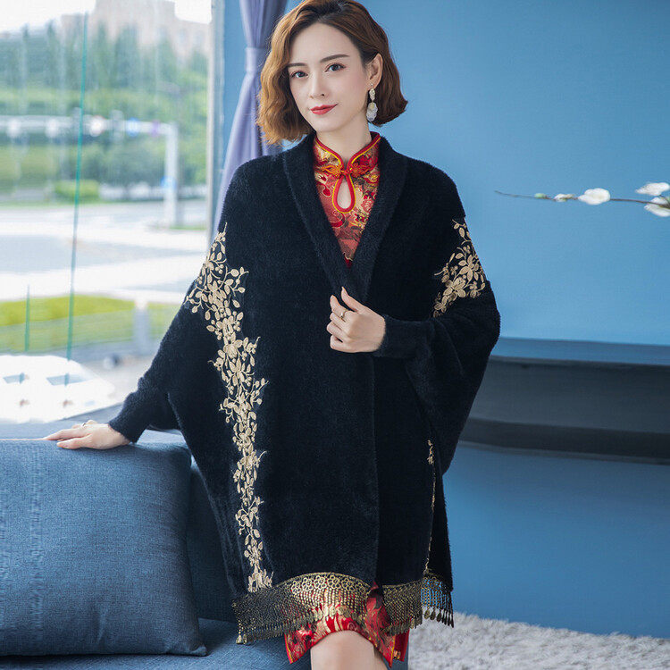 甜美风黑色开衫女中长款流苏针织毛针织衫