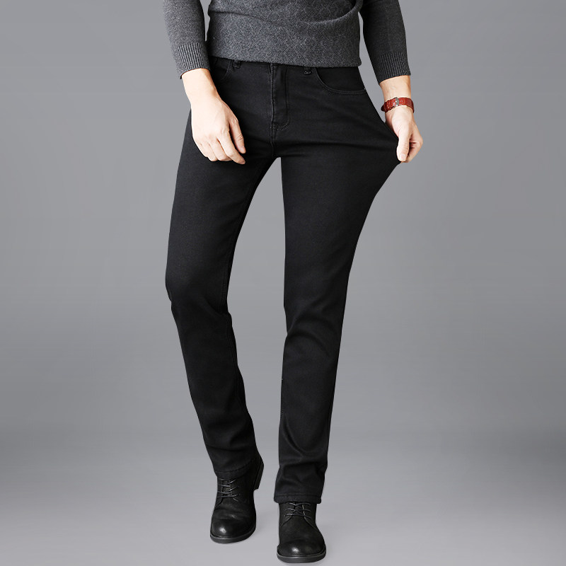 秋冬款纯黑色牛仔裤男弹力商务加绒加大码修身小直筒长裤子潮男装