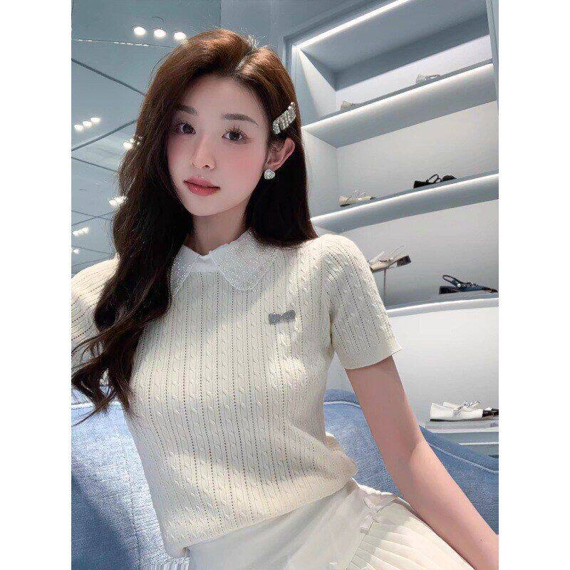 灰色娃娃领正肩短袖t恤女夏季设计感小众修身超好看短款针织上衣