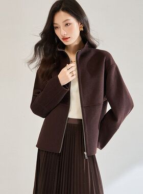 25秋冬新款时髦感立领拉链双面毛呢外套女气质百搭短款大衣18980