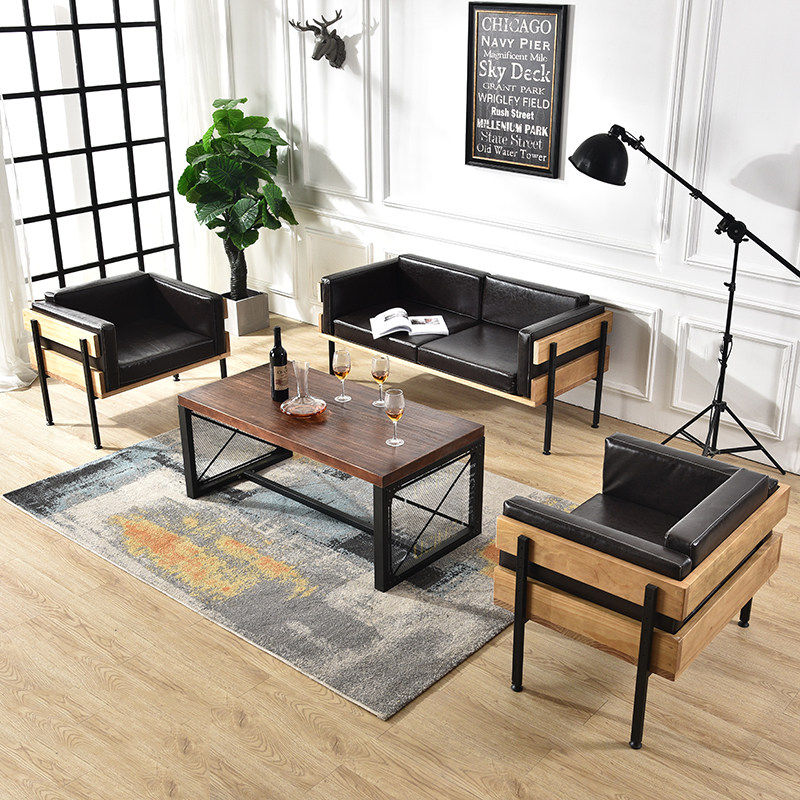 复古工业风铁艺实木沙发酒吧咖啡厅餐厅卡座沙发组合铁木皮质工艺