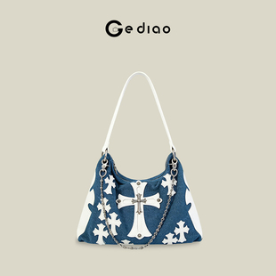 格调studio韩系十字架刺绣牛仔包包2026新款 腋下链条包手提单肩包