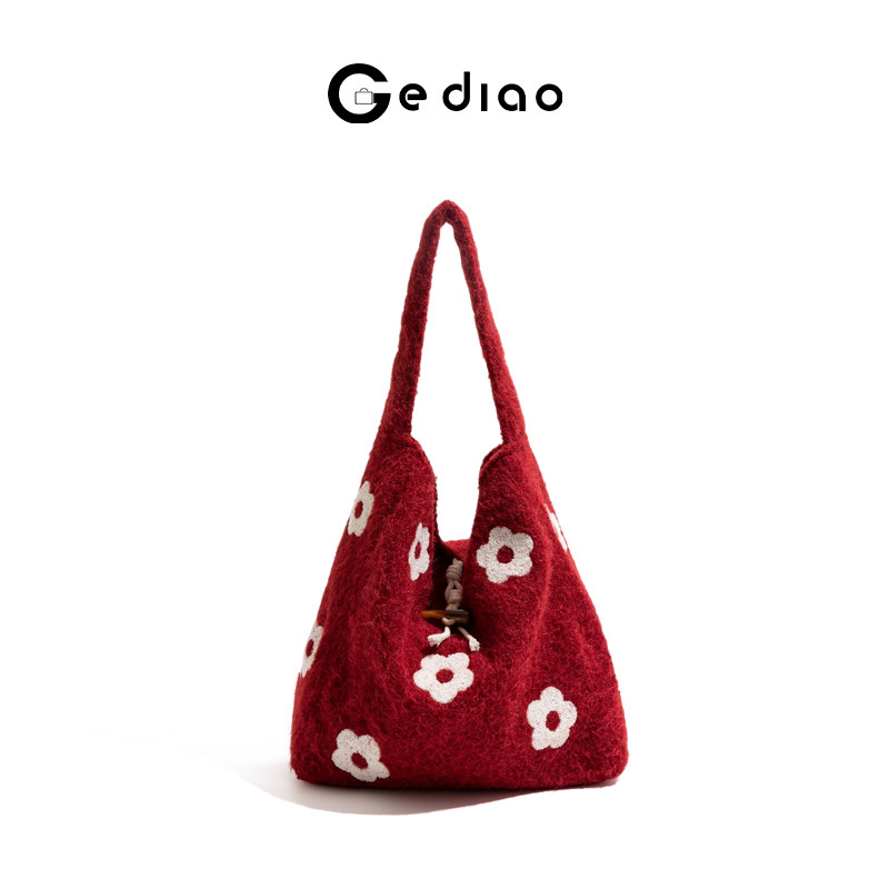 格调studio韩系红色毛呢花朵包包2025秋冬手提包大容量通勤单肩包,箱包皮具/热销女包/男包,托特包,淘宝优惠券,粉丝福利购,淘宝优惠卷