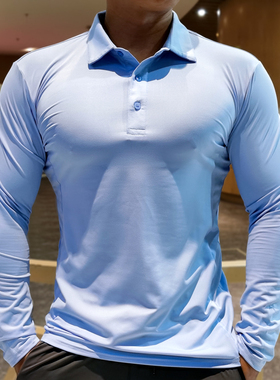 运动长袖t恤POLO衫男春季速干透气高弹紧身翻领健身私人教练工服