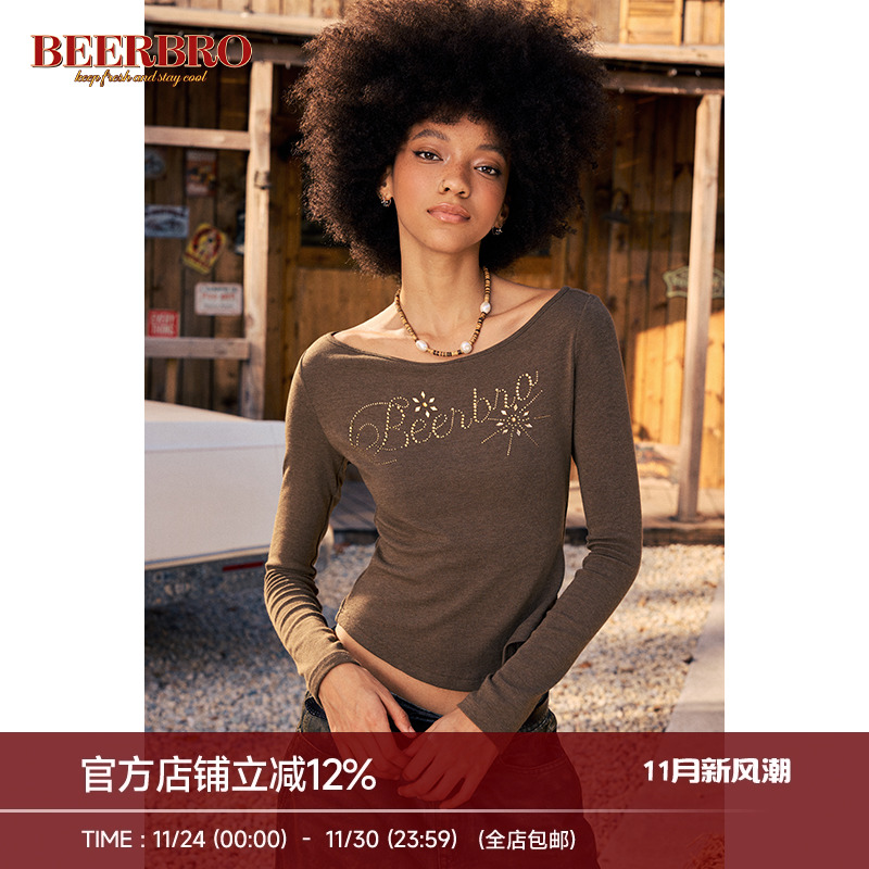BeerBro 美式游牧风烫钻一字肩针织打底衫女秋冬纯色修身短款上衣