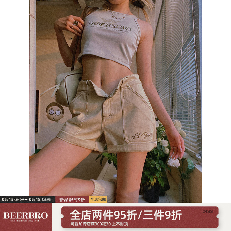 BeerBro美式复古设计感明线休闲短裤女夏季高腰a字显瘦阔腿热裤