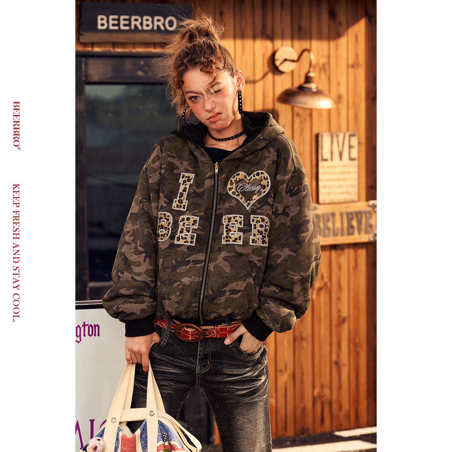 BeerBro『旷野派对』全棉做旧迷彩卫衣秋冬复古可双面穿毛毛外套