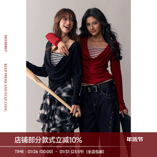 BeerBro 『复古声浪』天丝莱赛尔假两件撞色条纹荡领针织衫上衣