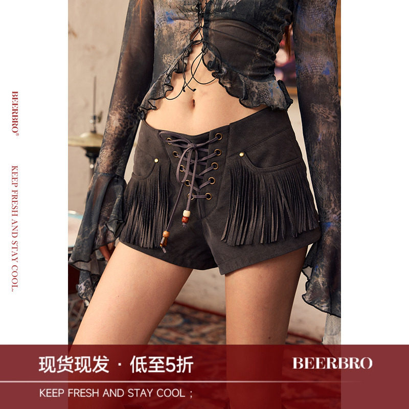 BeerBro『音乐节专场』柔雾感环保麂皮辣妹流苏休闲短裤女热裤