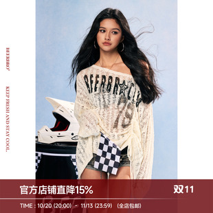 BeerBro『竞速脉冲』辣妹抽绳抽褶宽领可斜肩套头镂空毛衣罩衫