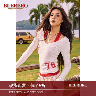 BeerBro美式运动辣妹弹力收腰两件套上衣宽松洗水磨破做旧感卫裤