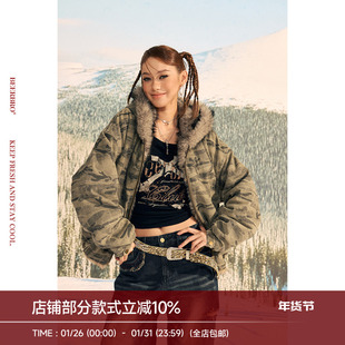 BeerBro『反叛竞技社』精选全棉街头辣妹洗水迷彩毛领棉服外套