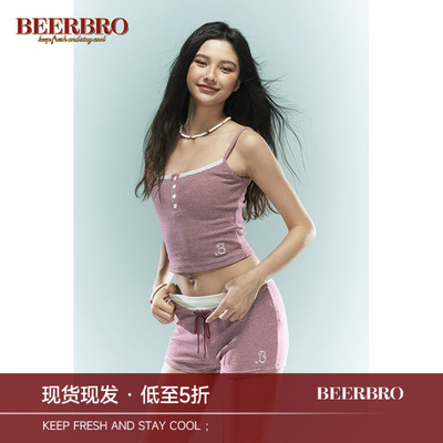 BeerBro 复古辣妹条纹吊带背心套装女夏季运动休闲热裤短裤两件套