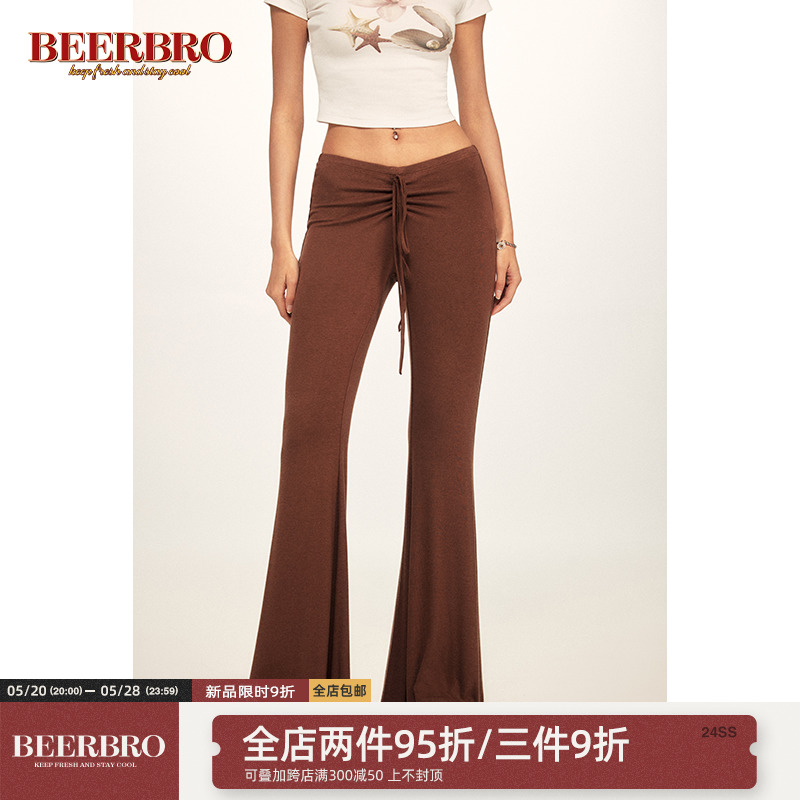 BeerBro复古美式高弹针织面料松紧腰辣妹风休闲显瘦微喇叭裤女