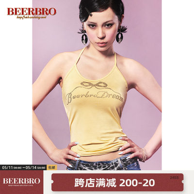 BeerBro 涩谷辣妹蝴蝶结烫钻挂脖背心美式复古修身显瘦内搭小上衣