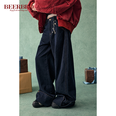 BeerBro 美式休闲低腰翻折设计原牛色牛仔裤女秋冬宽松显瘦休闲裤