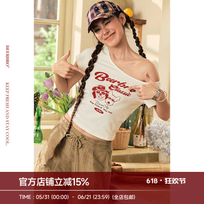 BeerBro『玩乐夏日』弹力棉针织合体紧身斜肩印花短袖T恤女夏季
