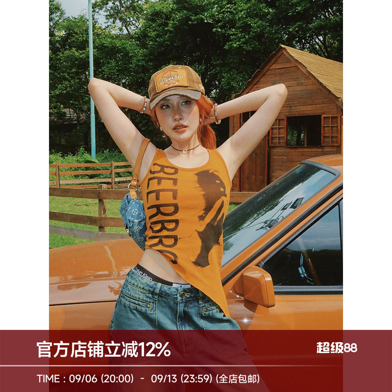 美式人像印花不规则辣妹背心图片