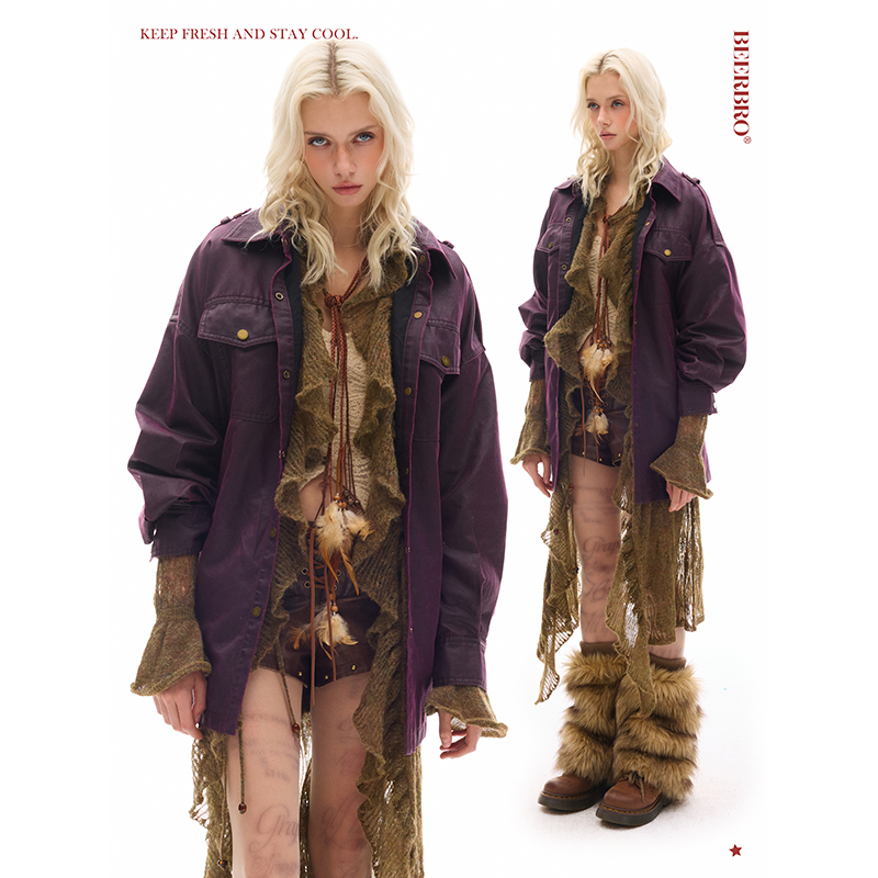 BeerBro『嬉皮辣妹』麂皮绒不起球 石磨酵洗骨位复古洗水衬衫外套