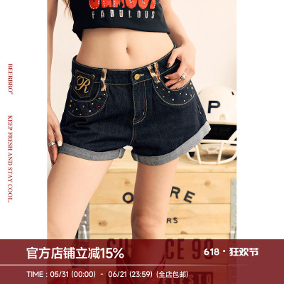 Beerbro『狂欢音乐节』辣妹遮肉显瘦舒适豹纹贴布绣烫钻牛仔短裤