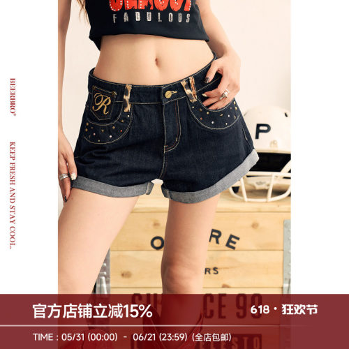 Beerbro『狂欢音乐节』辣妹遮肉显瘦舒适豹纹贴布绣烫钻牛仔短裤