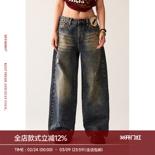 BeerBro『复古声浪』全棉显瘦显高美式街头宽松做旧直筒牛仔裤