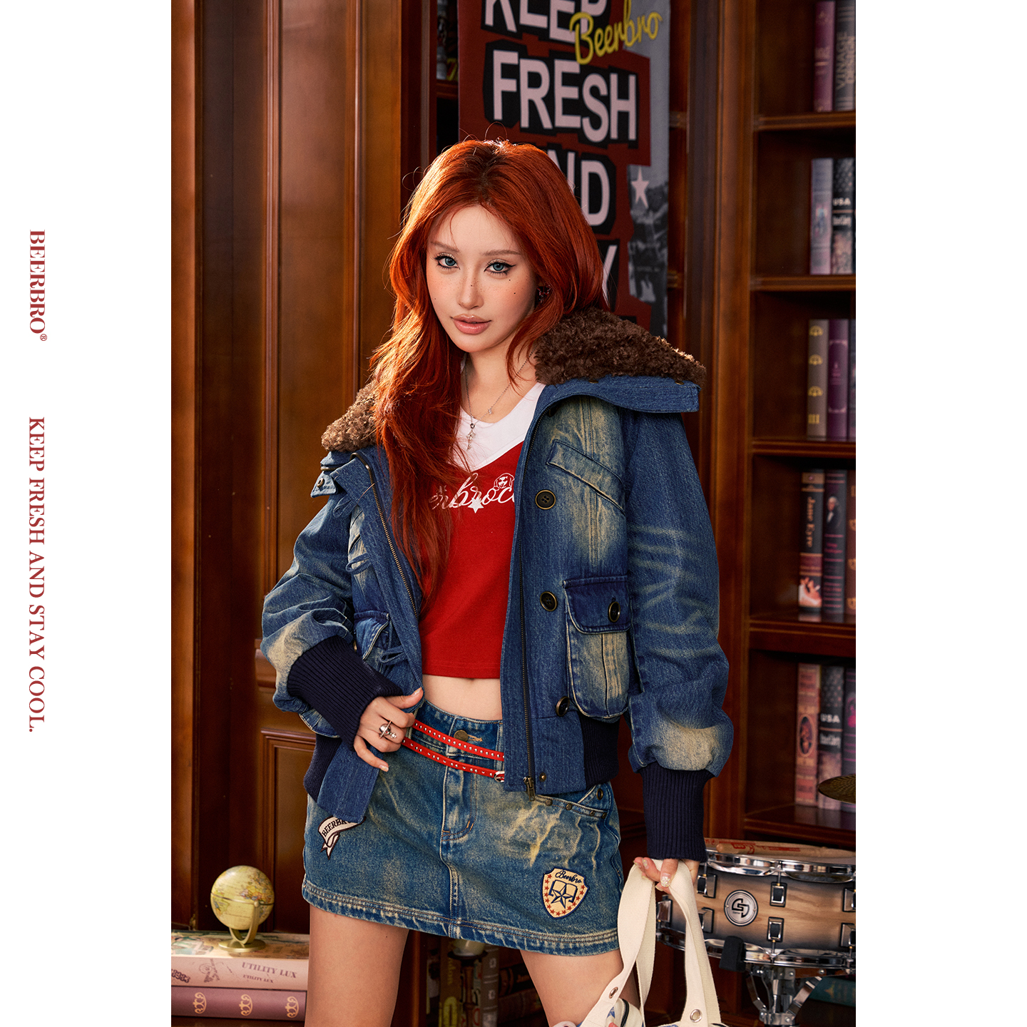 BeerBro『摇滚书吧』保暖性强秋冬复古洗水牛仔大毛领夹棉厚外套