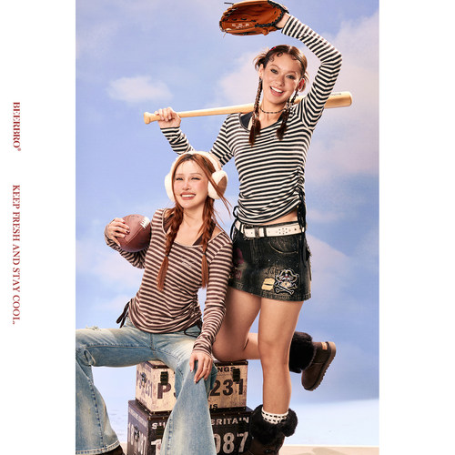 BeerBro『复古声浪』经典条纹挂脖假两件显瘦短款长袖T恤上衣