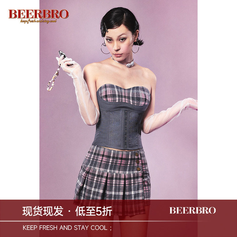 BeerBro 美式学院风紧身拼接鱼骨胸衣复古辣妹格子百褶裙裤套装,女装/女士精品,时尚套装,淘宝优惠券,粉丝福利购,淘宝优惠卷