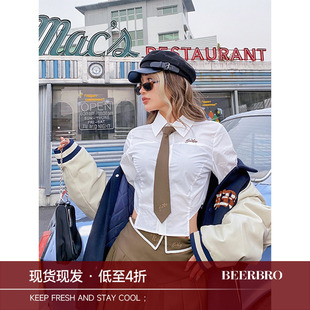 上衣学院风套装 BeerBro美式 长袖 女短款 潮 复古设计感小众领带衬衫