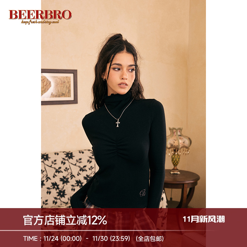 BeerBro 美式辣妹基础款高领打底针织衫女修身显瘦纯色T恤上衣