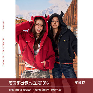 BeerBro『反叛假日』秋冬保暖裥棉1700g恶魔角宽松连帽棉服外套