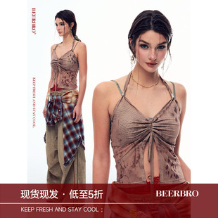 辣妹豹纹网纱挂脖修身 girl 背心吊带背心上衣 brat BeerBro