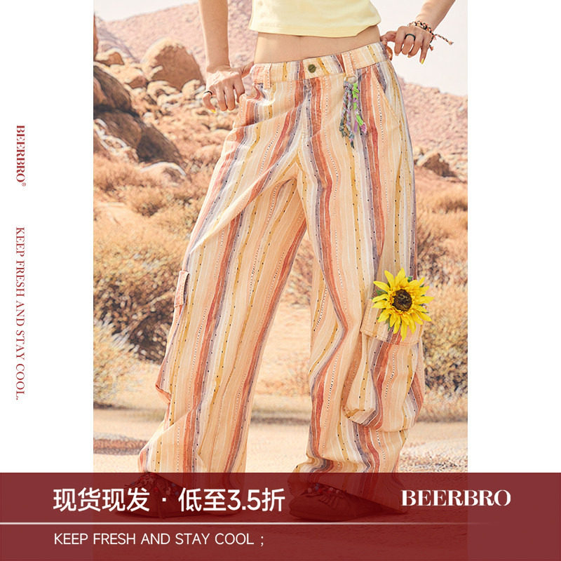 BeerBro『非洲大迁徙』全棉洗水成衣酵磨夏日彩条工装裤女夏季图片