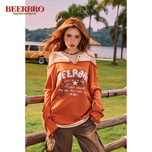 BeerBro美式复古辣妹假两件印花长袖T恤女秋季新款慵懒风宽松上衣