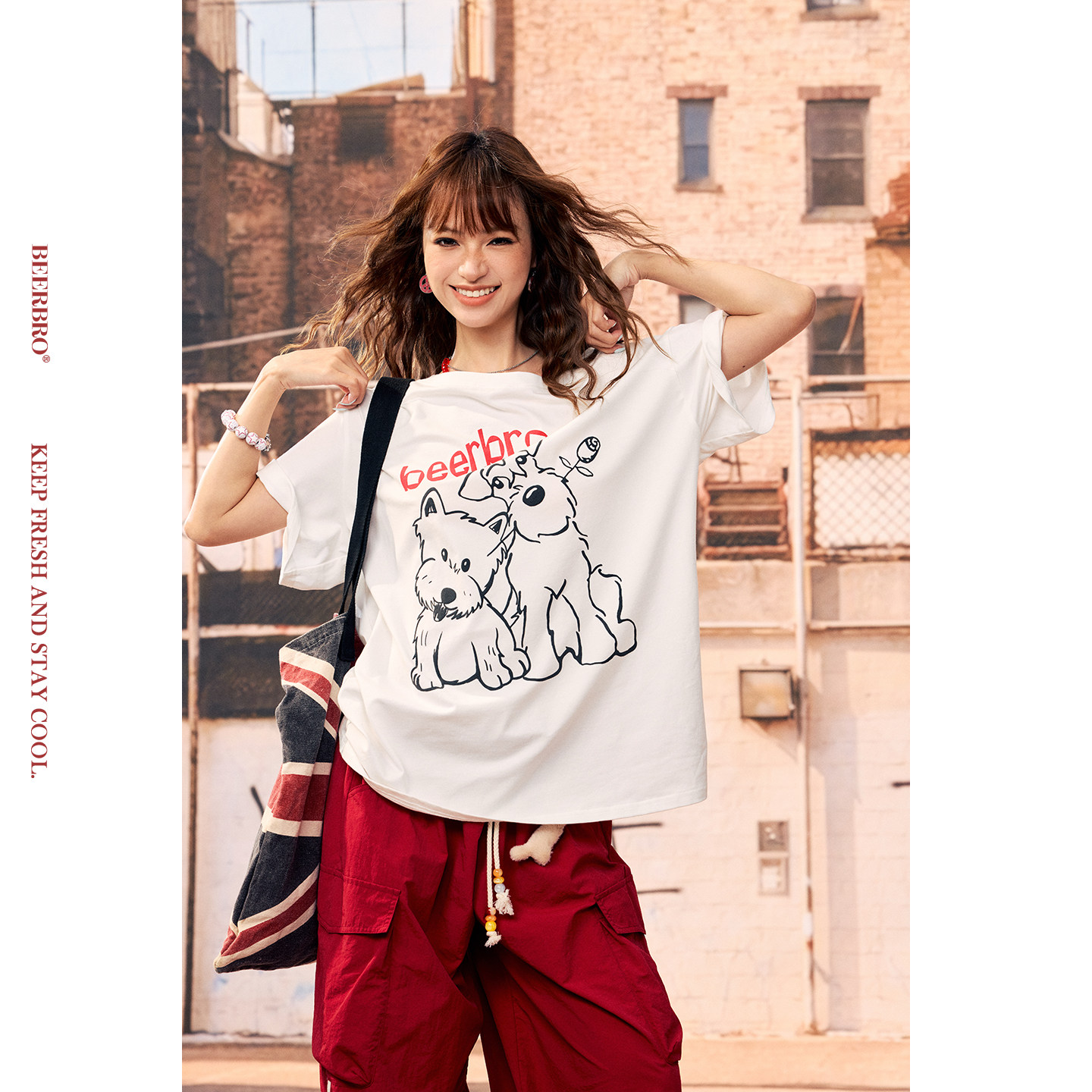 BeerBro『明星同款』oversize宽松遮肉休闲小狗印花大领短袖T恤图片