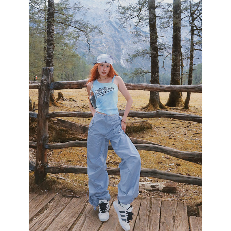 美式高街辣妹阔腿束脚工装裤