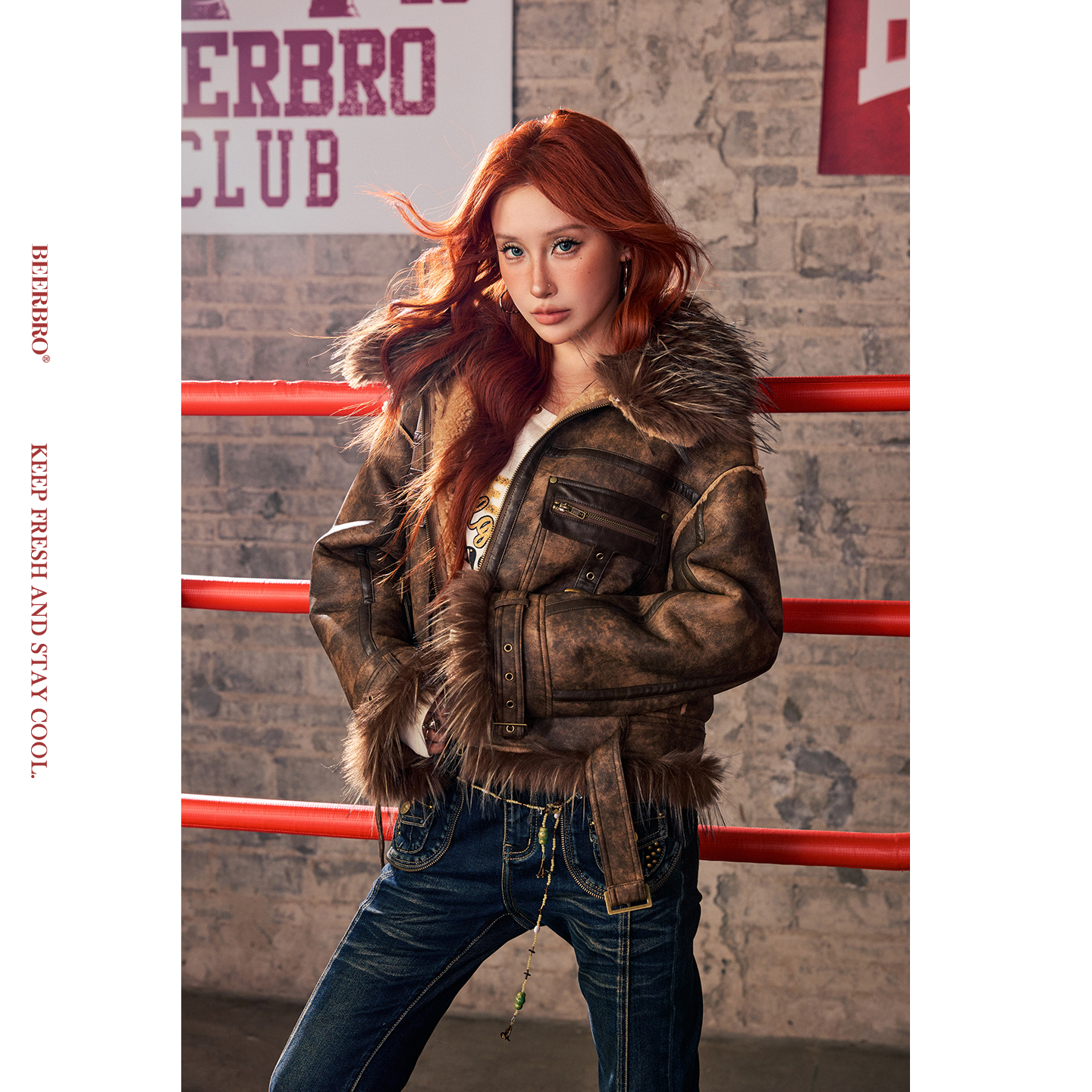 BeerBro『暴力美学 』特色扎染重磅口袋复合保暖加厚皮毛一体外套