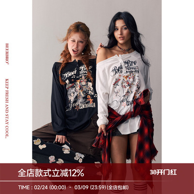 BeerBro 『复古声浪』乐队小狗图案前开扣一字插肩休闲长袖T恤