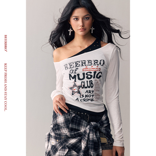 BeerBro 『复古声浪』甜酷混搭春季莱塞尔假两件长袖斜肩拼接T恤